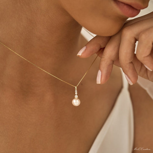 925 Sterling Silver Pearl Necklace with Diamond, Bridal Necklace, Wedding Necklace, Mothers Necklace, Mother's Day Gift, Bridesmaid Gift